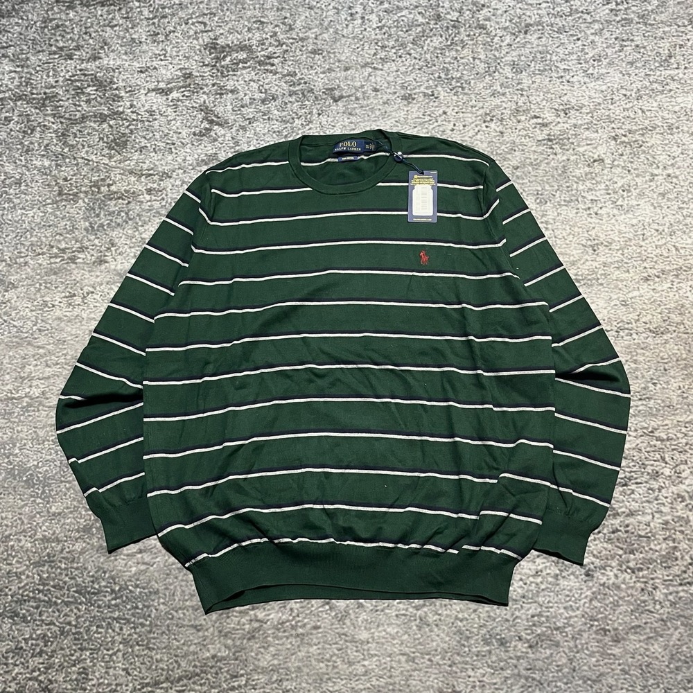 NWT Polo Ralph Lauren Sweater Long Sleeve Pima Cotton Mens XXL Green Striped‎